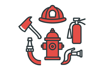 Obraz premium Essential firefighting equipment set featuring helmet, axe, hydrant, extinguisher, and hose nozzle