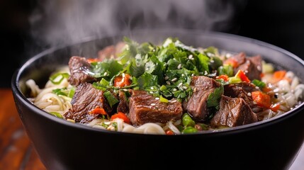 Savory Steaming Beef Noodle Soup with Tender Beef, Cilantro, and Sesame Seeds