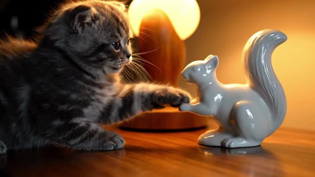 persian kitten blue - A fluffy gray kitten curiously reaches out to touch a ceramic squirrel figurine on a wooden table, illuminated by a warm lamp in the background