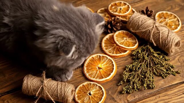 persian kitten blue - A curious gray cat inspects dried orange slices arranged on a rustic wooden surface, surrounded by pine cones and green foliage, creating a warm, cozy atmosphere