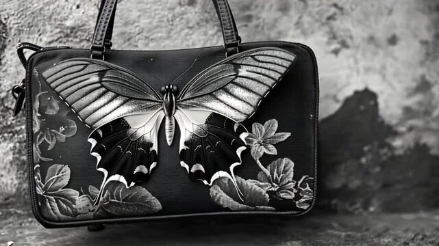 Black and white handbag with butterfly design on a stone wall