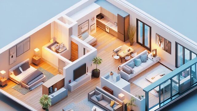 Isometric apartment floor plan showing modern interior design