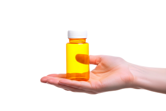 Hand holding a small clear glass bottle filled with yellow liquid isolated on transparent background