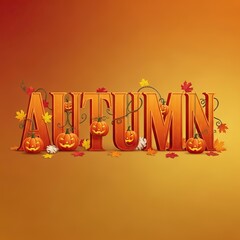 Autumn text with pumpkins and fall leaves on gradient background no logo use