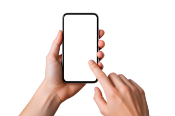 Person holding a modern smartphone with a blank white screen and touching it with a finger isolated on transparent background