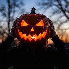 Scary jackolantern pumpkin held by person at dusk no logo use