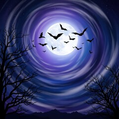 Flock of bats flying in front of a full moon at night no logo use