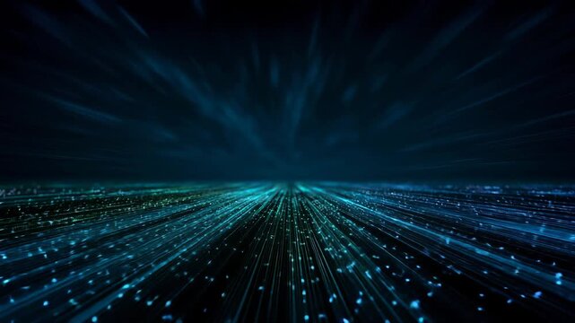 デジタル空間の疾走感：ブルーとグリーンの光線が描く抽象的背景