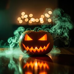 Scary jackolantern with glowing eyes and smoke for halloween no logo use
