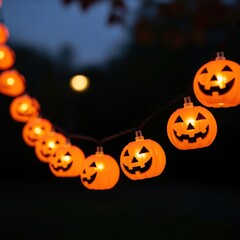 String of glowing jackolanterns at night for halloween no logo use