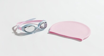 Pink swimming accessories kit with goggles and a silicone cap isolated on a clean white background for pool training