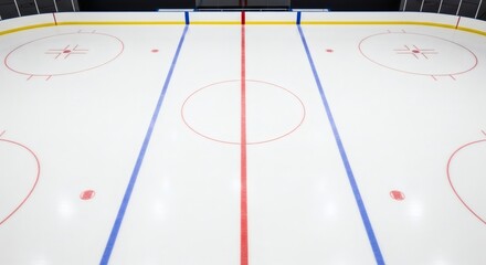 Empty professional ice hockey rink arena with red and blue lines ready for a game or practice