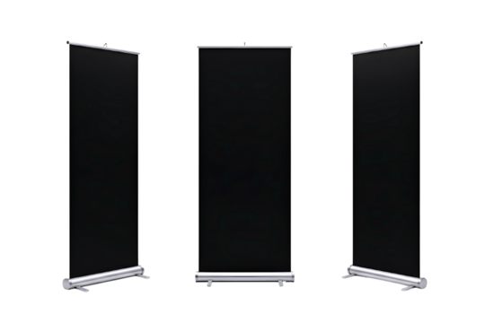Three black retractable banner stands with silver bases isolated on transparent background