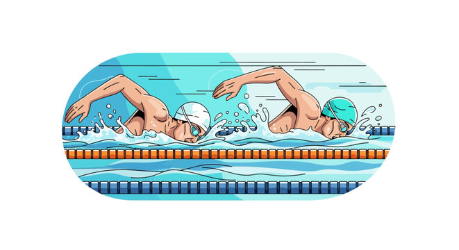 Two male swimmers competing in a heated freestyle race, showing athletic determination in the swimming pool