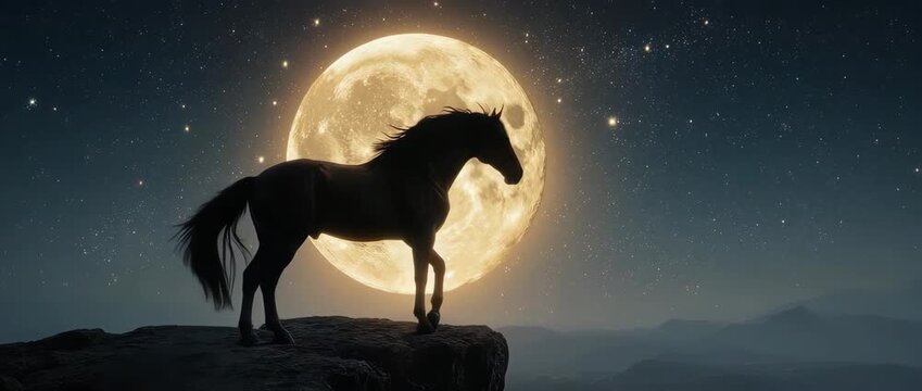 A dramatic and powerful video of a horse silhouette against a giant golden moon with Chinese patterns. A symbolic and epic visual for the Year of the Horse.