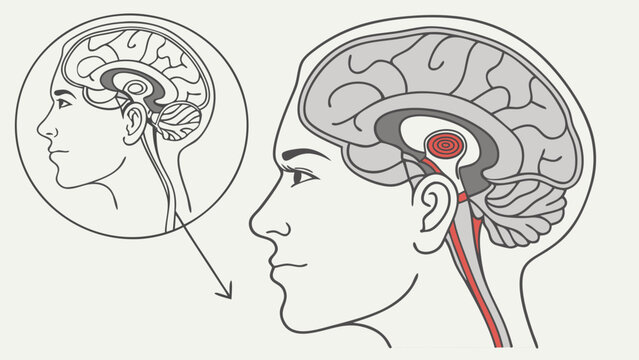 Detailed anatomical illustration of the human brain and brainstem in profile view showing internal structures and vascular system.