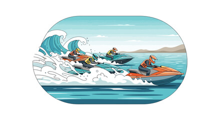An exciting illustration of a personal watercraft race, with riders speeding across the ocean waves in a thrilling aquatic motorsport competition