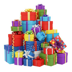 A large pile of colorful wrapped gift boxes, perfect for any celebration or holiday occasion