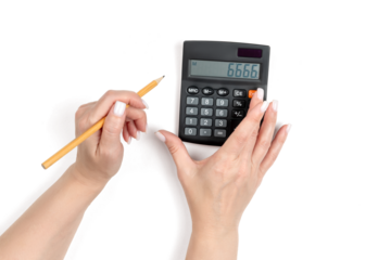 Female hands with pencil using calculator, isolated object on transparent background. Concept of discount counting, budget planning, accounting and personal finance.