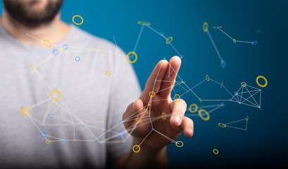Abstract image of a hand interacting with a digital network.  Perfect for tech, connection, and innovation concepts.