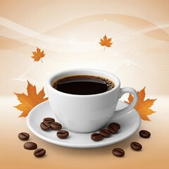 Cup of coffee with coffee beans and autumn leaves no logo use