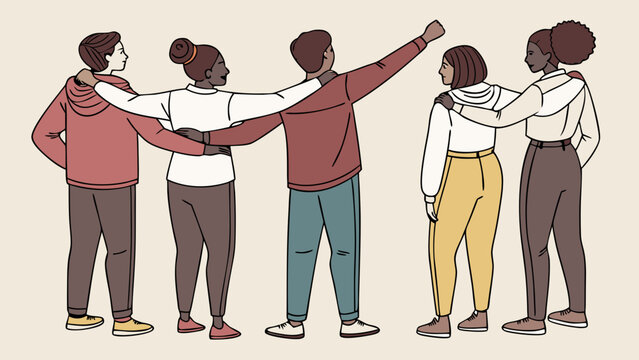 Diverse group of friends embracing teamwork unity togetherness support friendship illustration.