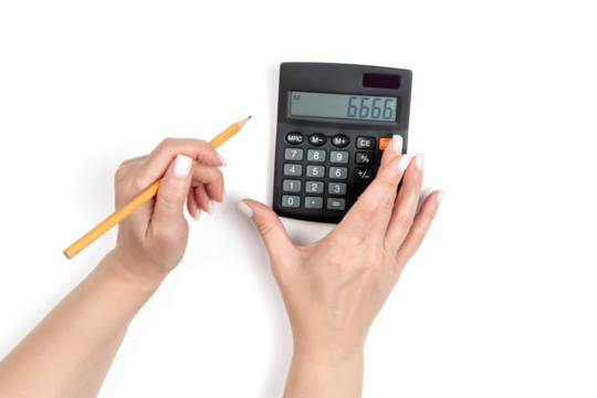 Female hands with pencil using calculator, isolated object on transparent background. Concept of discount counting, budget planning, accounting and personal finance.
