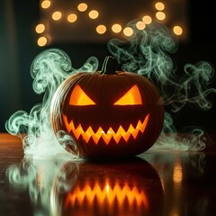 Scary carved pumpkin with glowing eyes and smoke no logo use