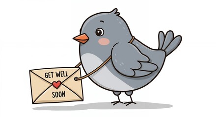 Cartoon bird holding an envelope with get well soon message cheerful illustration