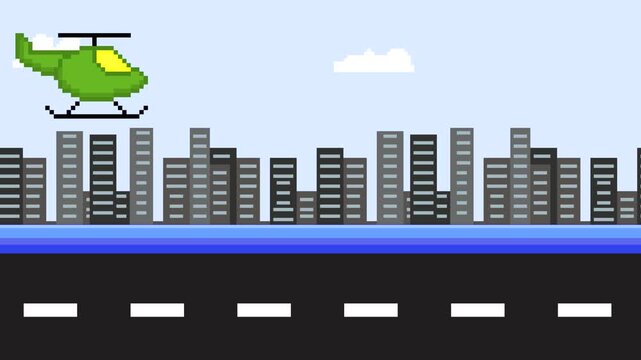 Pixel art animation of a helicopter flying across a road with clouds and buildings in the background, pixel, art, 2D.