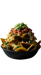 Realistic photo stacked nachos with guacamole and cheese isolated on black background