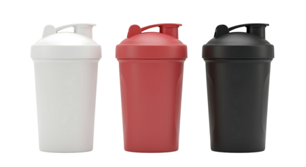 Three colorful protein shaker bottles in white red and black fitness accessories.
