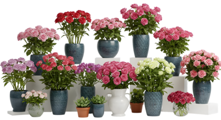 Realistic Photo Various Chrysanthemums Pink Red White Flowers Potted Blue Pots