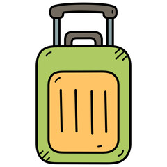 Green Travel Suitcase With Orange Panel and Retractable Handle Simplified Doodle Style With Transparent Background