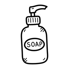 Hand drawn doodle of a soap dispenser bottle with label that says soap and a pump top on a transparent background