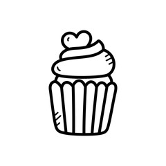 Hand Drawn Sketch of a Cupcake with Swirl Frosting and a Heart Topping on a Transparent Background