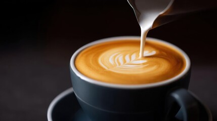 Black coffee cup with a saucer on a dark background. the cup is filled with a latte art, which is a type of coffee that is made with milk.