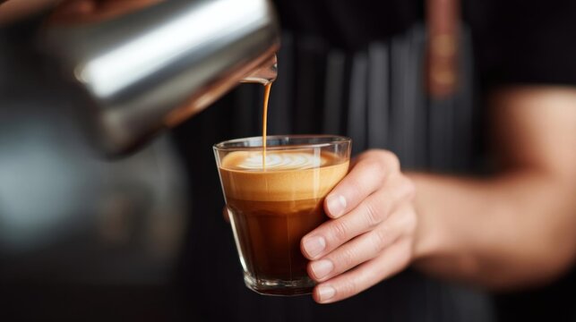 Close-up of a person's hand holding a glass of coffee. the person is pouring a dark brown liquid, possibly coffee, from a silver coffee pot into the glass.