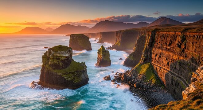 Dramatic coastal cliffs meet the ocean at sunset with rocky sea stacks