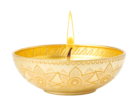 A lit golden diya, a traditional oil lamp with intricate floral patterns, isolated on a transparent background - Powered by Adobe