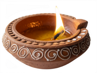 Traditional clay diya oil lamp lit with a bright flame, isolated on transparent background
