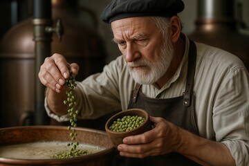 Elderly man skillfully adding hops to a traditional brewing process in a rustic setting, showcasing heritage brewing techniques with historical ambiance