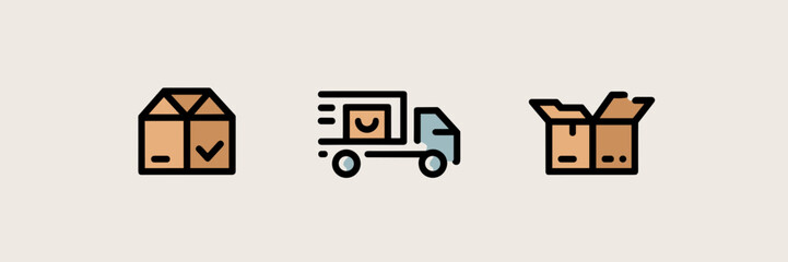 Monthly shipping and unboxing icons – Suitable for delivery app design, logistics process visuals, or e-commerce materials