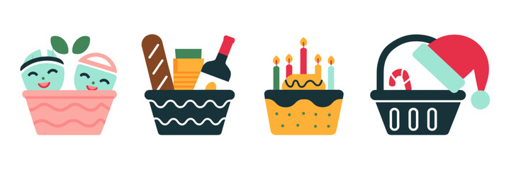 Vector illustration of gift basket icons with spa, food, birthday, and holiday themes – Great for marketing materials, seasonal branding, or lifestyle graphics