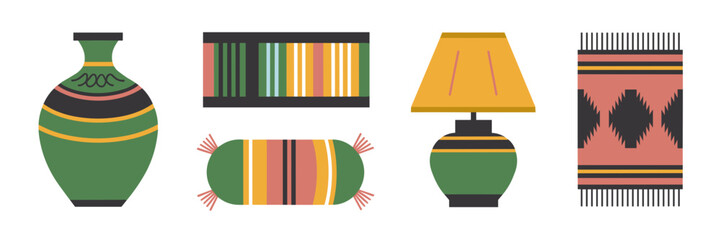 Simple home decor vector icons with vase, wall art, pillow, lamp, and rug – Great for lifestyle graphics, decor projects, or home styling visuals
