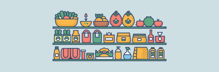 Store shelves with eco-friendly products like fruits, reusable bags, beeswax wraps, and candles – Great for sustainability design, organic retail, or eco-lifestyle promotion