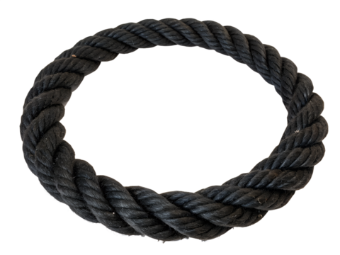 Thick black rope forming a circle, isolated on transparent background