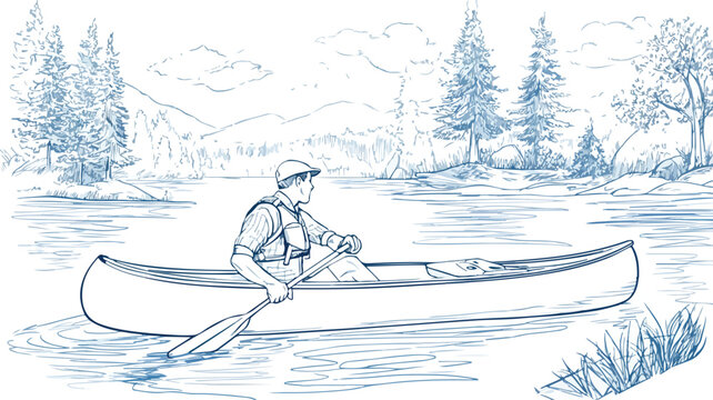 Man Canoeing Recreation in Nature Vector Illustration Isolated