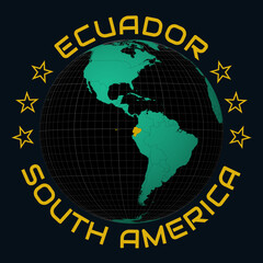 Obraz premium Ecuador on Globe. Round country and continent name text. Country view on world map in Black Emerald color palette. Ecuador shape on map. Artistic vector illustration.