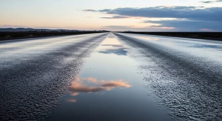 The journey ahead on a long, wet road, with the serene sunset clouds reflected in a puddle on the pavement